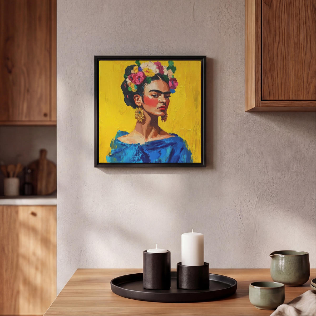 LEINWAND Bilder mit Rahmen - Frida Kahlo - Frau - Gelb - Blau - Blumen - 20x20 - Gelb, Textil (20/20cm) - MuchoWow