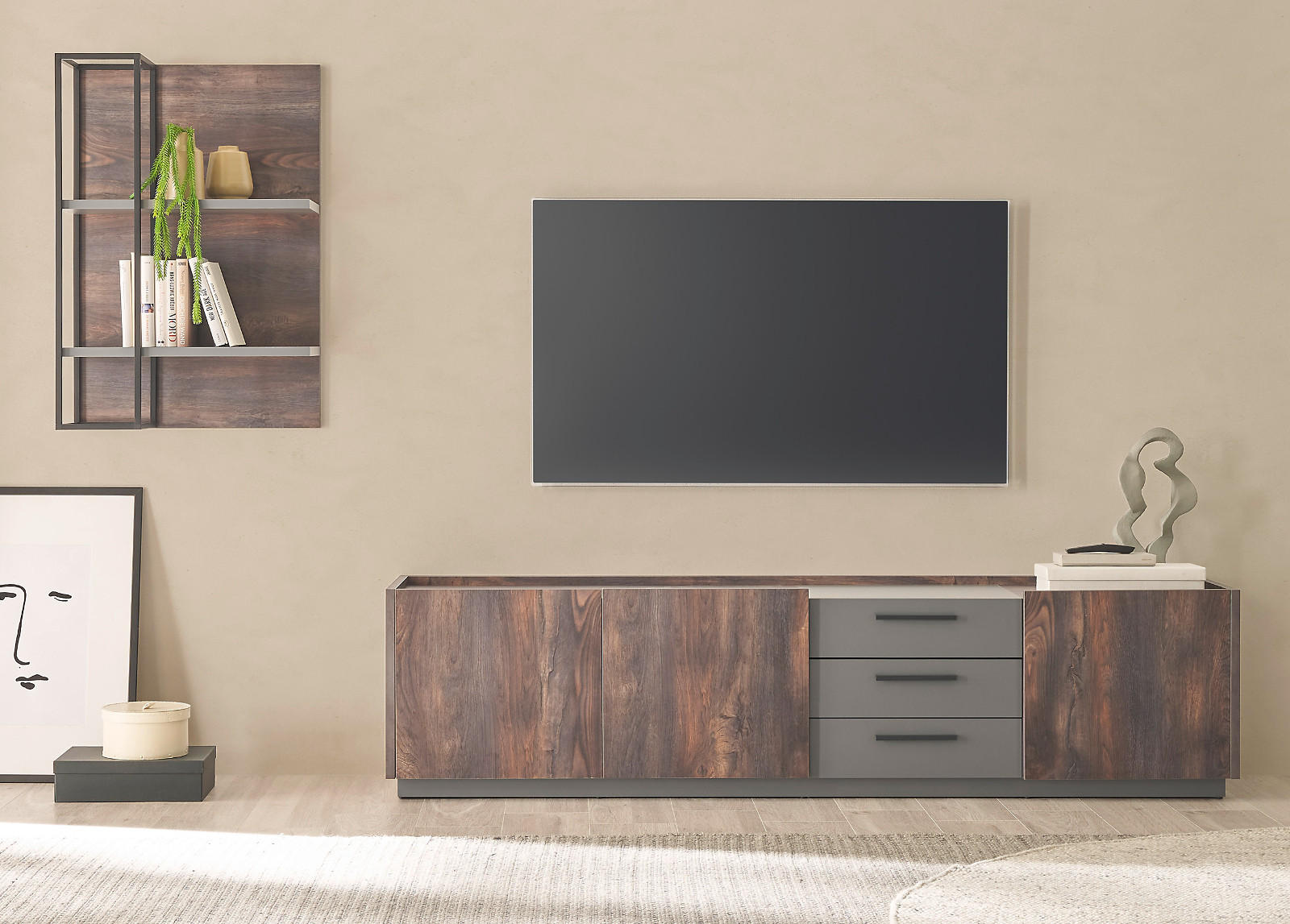 WOHNWAND Thermo Eiche, grau, Wohnkombination 2-teilig mit Soft-Close 270 x 180 cm - Eichefarben/Grau, Holzwerkstoff/Metall (270/180/45cm) - Furn.Design