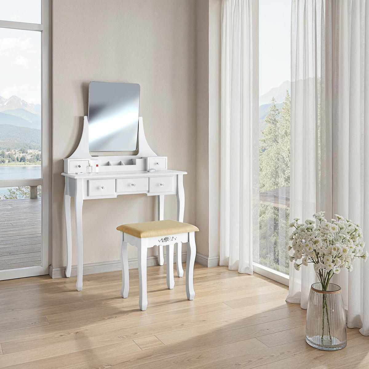 SCHMINKTISCH Claire,80 x 40 x 138 cm,weiß - Weiß, Holz (80/138/40cm) - tectake