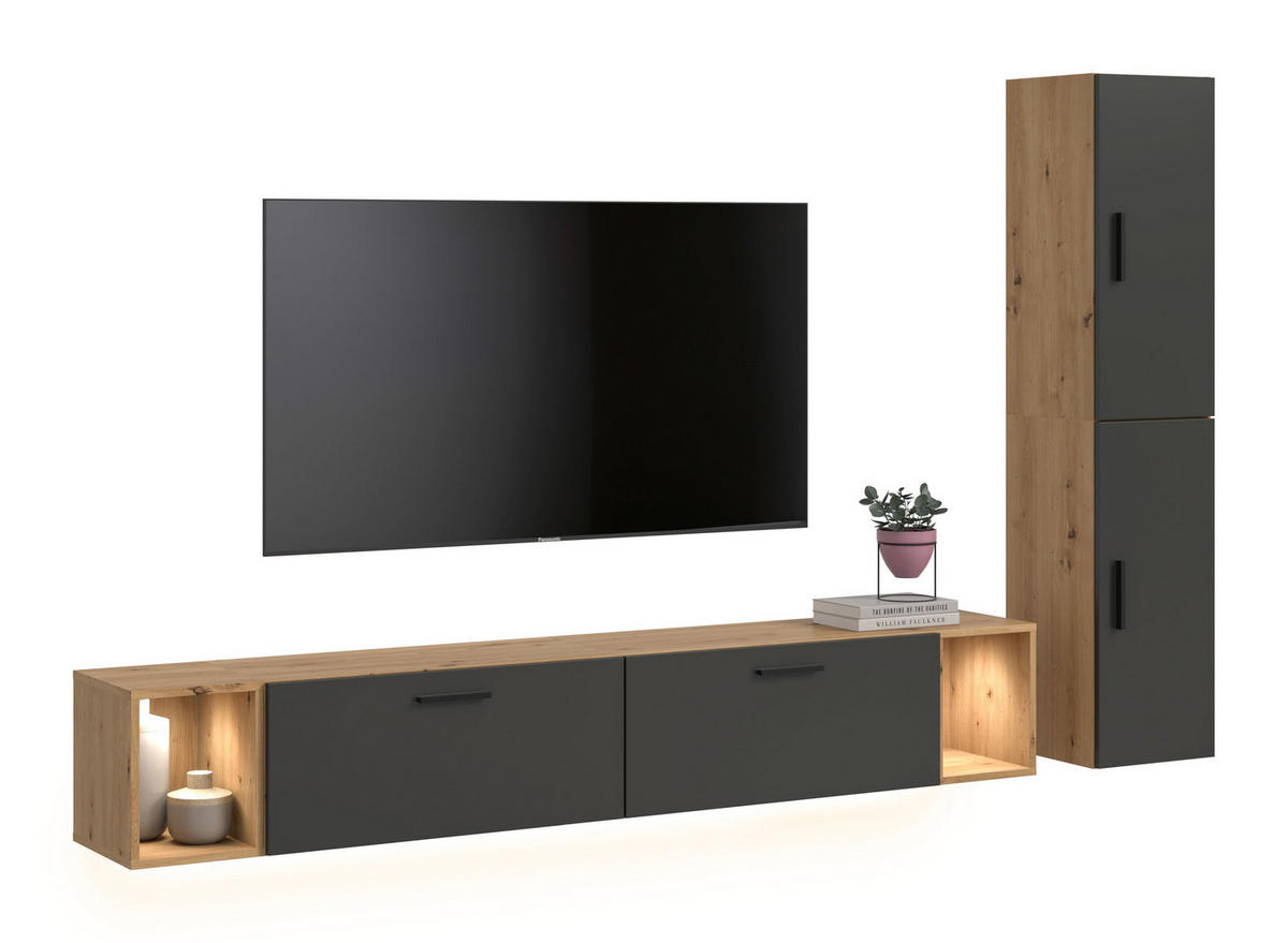 WOHNWAND INKL BELEUCHTUNG The One Basalt grau 259/34/182 cm - Braun, Holzwerkstoff (259/182/34cm) - Xonox