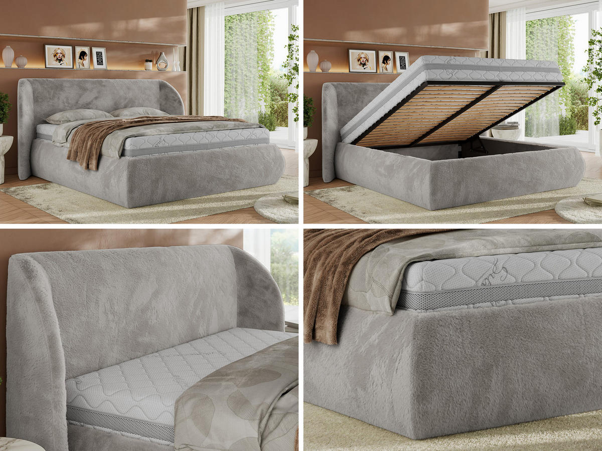 POLSTERBETT CAELA CLASSIC 180/200 - Hellgrau Plüsch - Schaum-Matratze - Hellgrau, Textil (180/200cm) - MKS