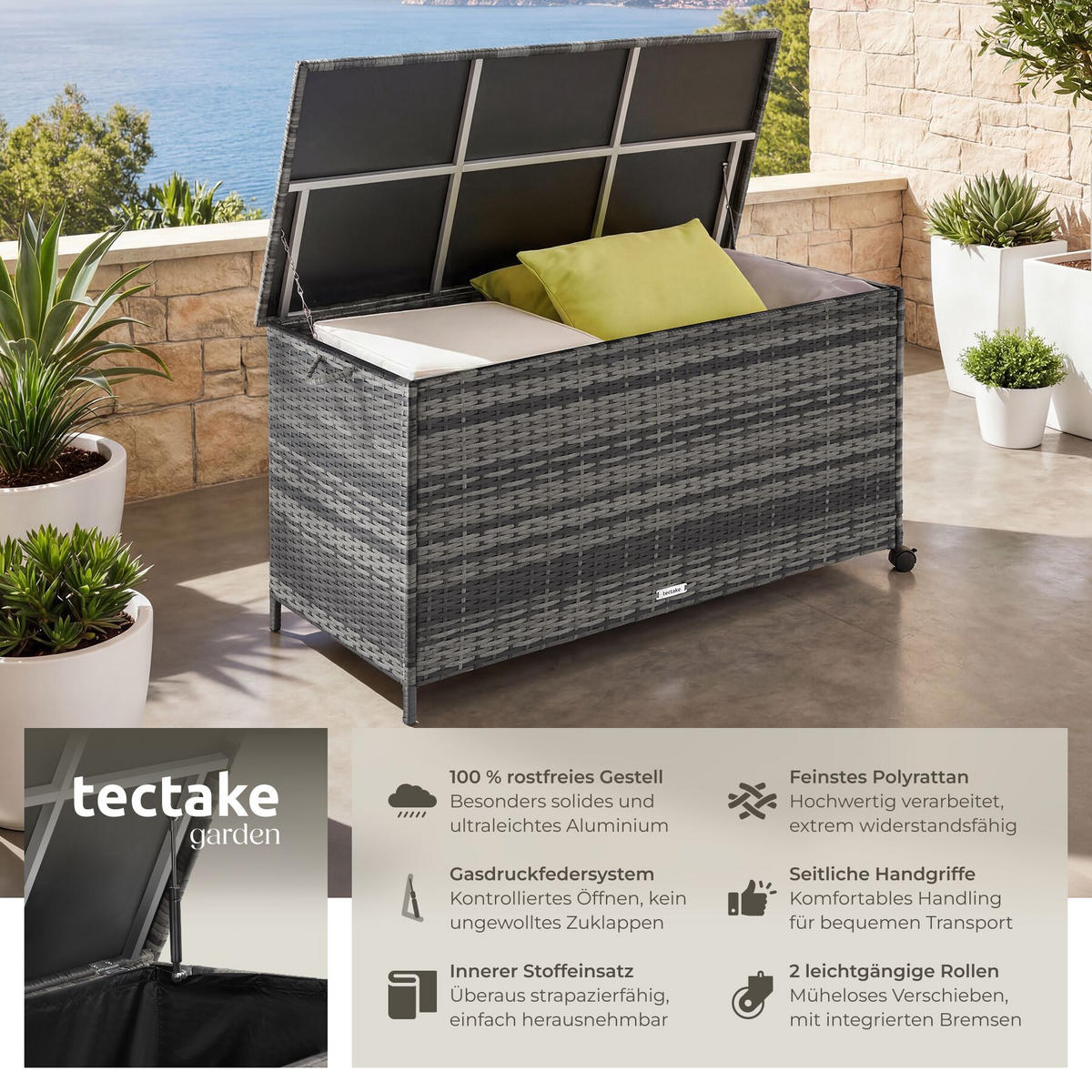 AUFLAGENBOX Kuusamo, 116 x 54 x 64 cm, grau - Grau, Kunststoff (54/64/116cm) - tectake