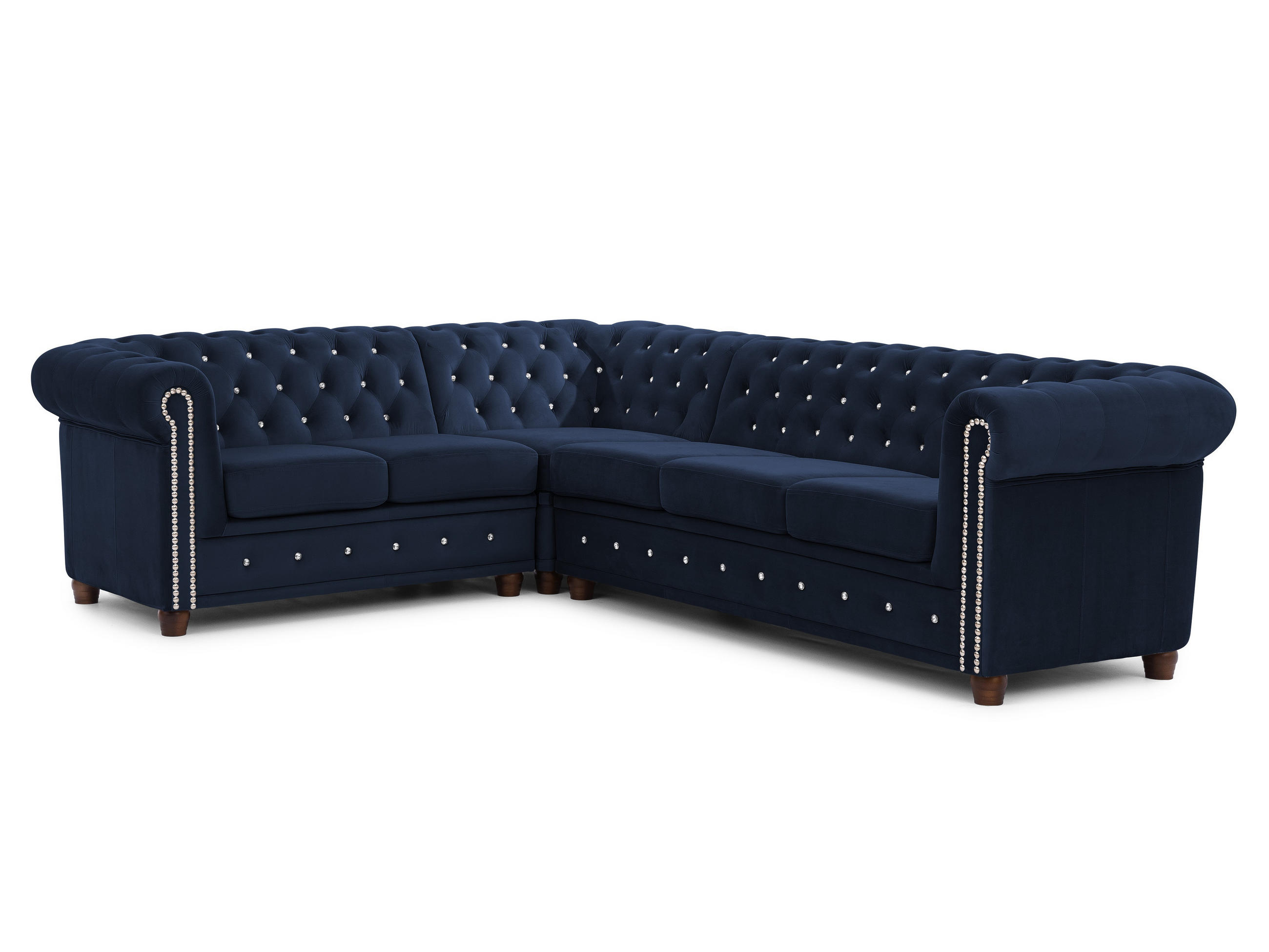 ECKSOFA Chesterfield Cleo Blink Marineblau Samt mit Kristallsteppung und braunen Massivholzfüßen - Ottomane Links - Blau/Braun, Holz/Textil (264/210cm) - S-Style Möbel