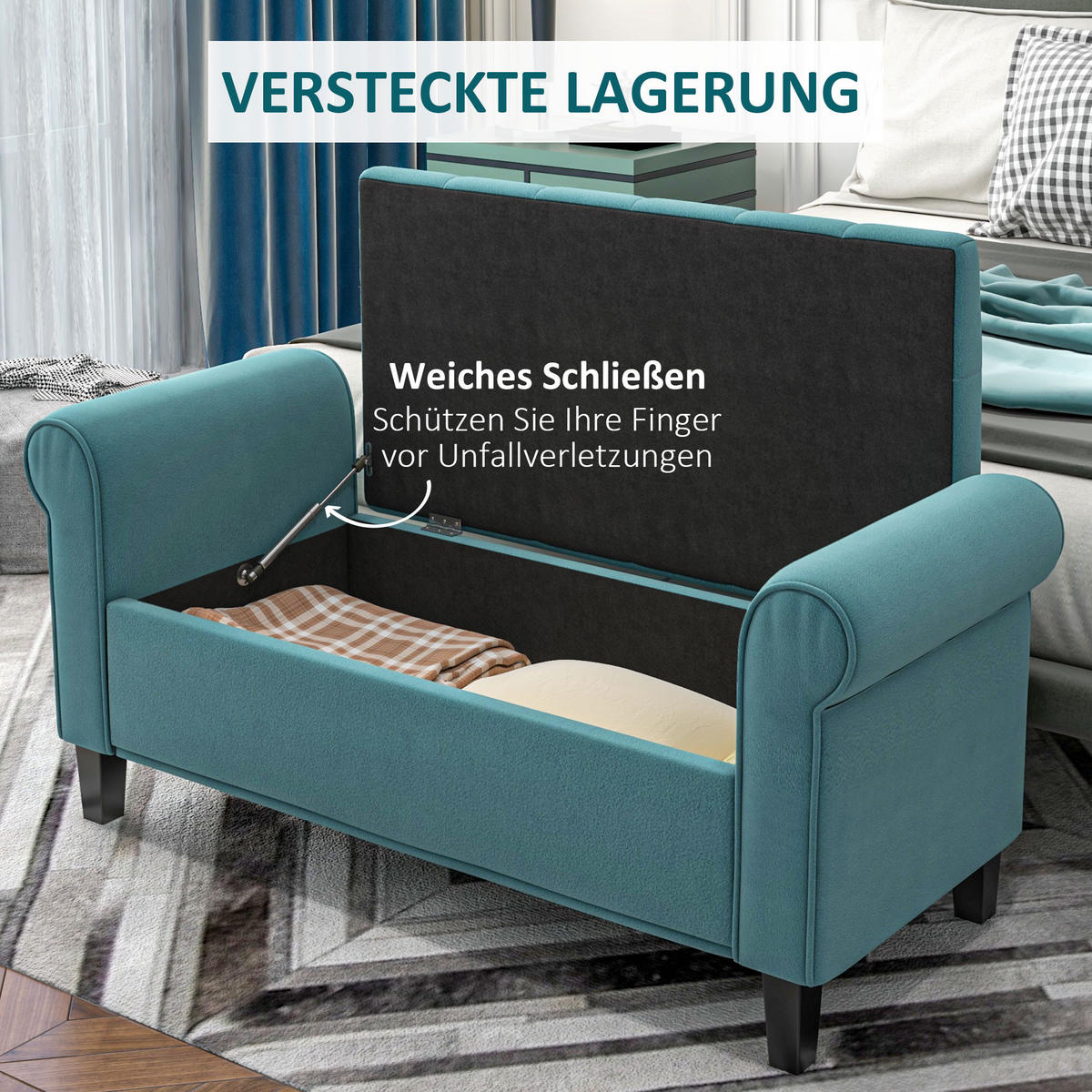POLSTERBANK, Bettbank, Sitzbank in Samtoptik, Flurbank mit Stauraum, Grün - Grün, Kunststoff (48.5/57/126cm) - HOMCOM