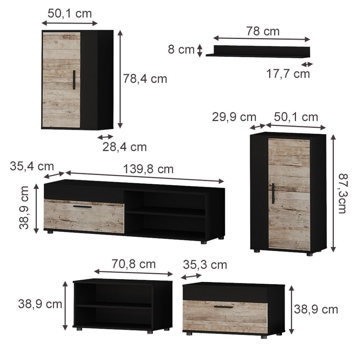 WOHNWAND Berno, Schwarz/Sandeiche, 6-teiliges Set - Schwarz/Sonoma Eiche, Holzwerkstoff (140/38.7/35.2cm) - Vicco