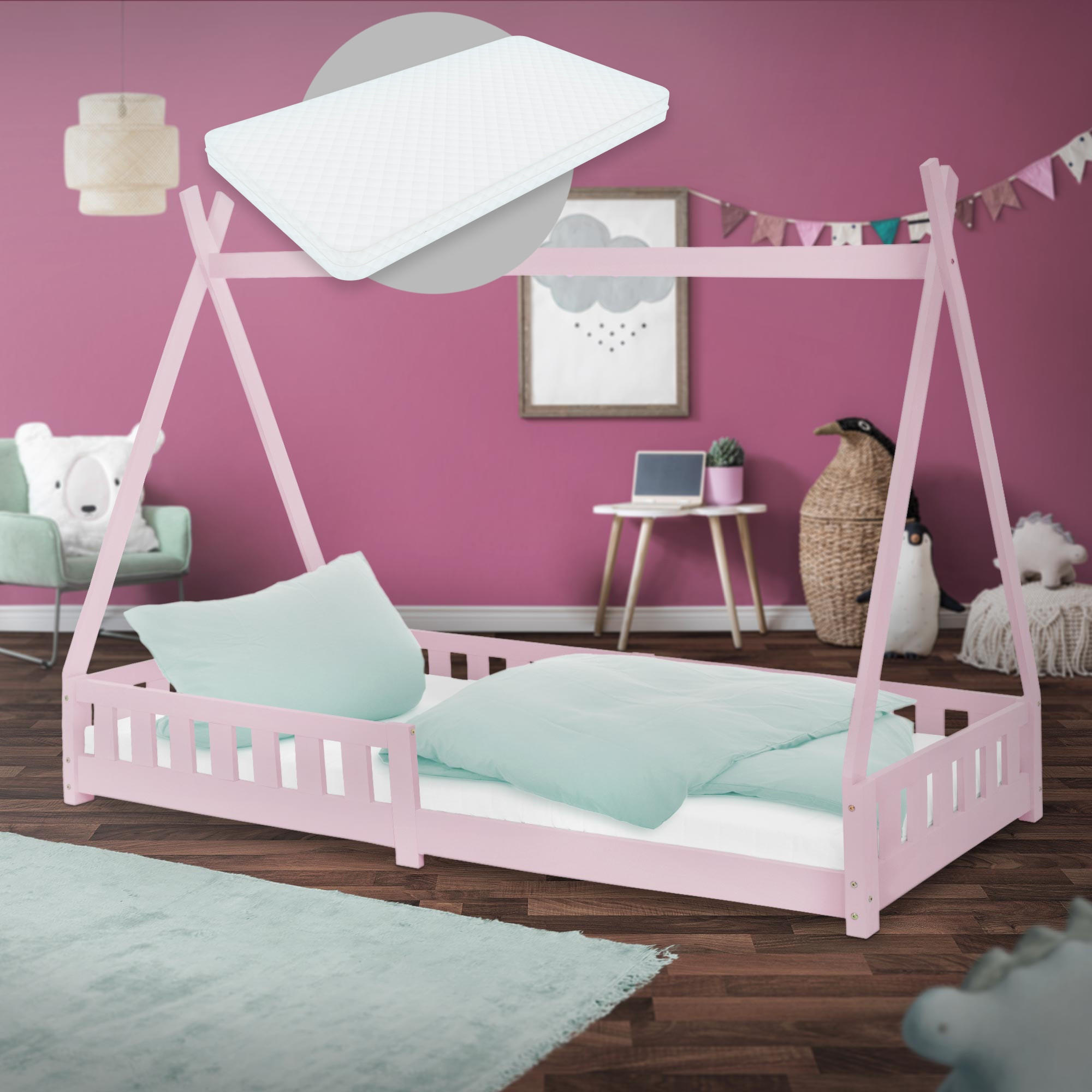 KINDERBETT Tipi mit Matratze 90x200 cm Rosa - Pink, Holz (90/200cm) - ML-DESIGN