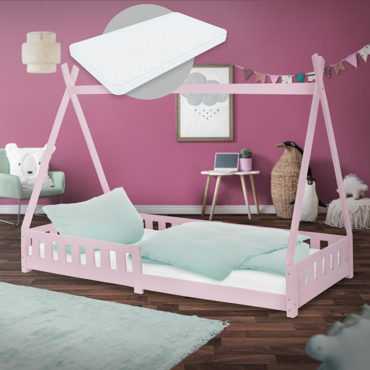 KINDERBETT Tipi mit Matratze 90x200 cm Rosa - Pink, Holz (90/200cm) - ML-DESIGN