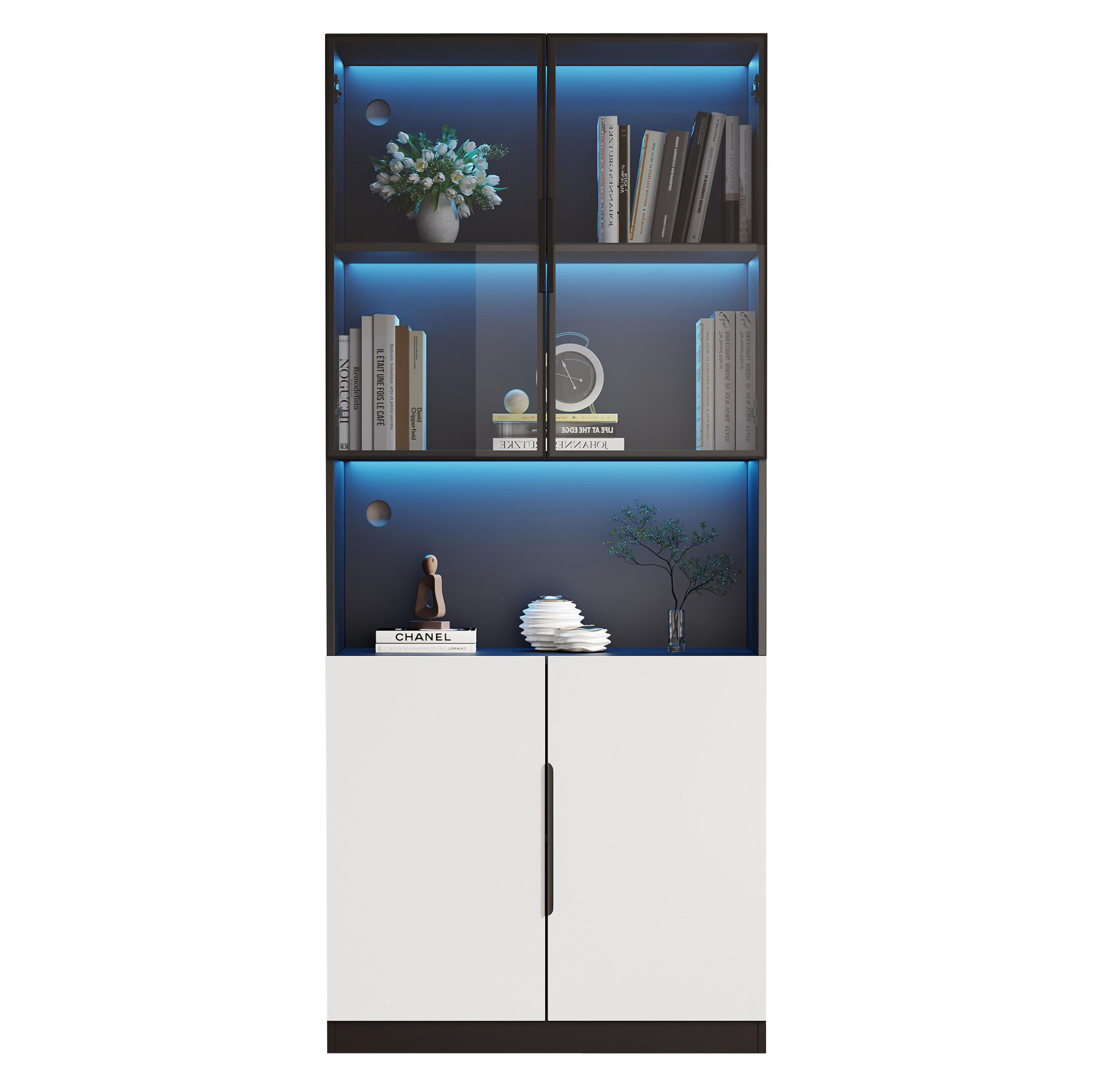 VITRINE 80/30/200 cm in Weiß mit Glastüren und LED-Beleuchtung - Weiß, Holzwerkstoff (80/200/30cm) - Flora Grace