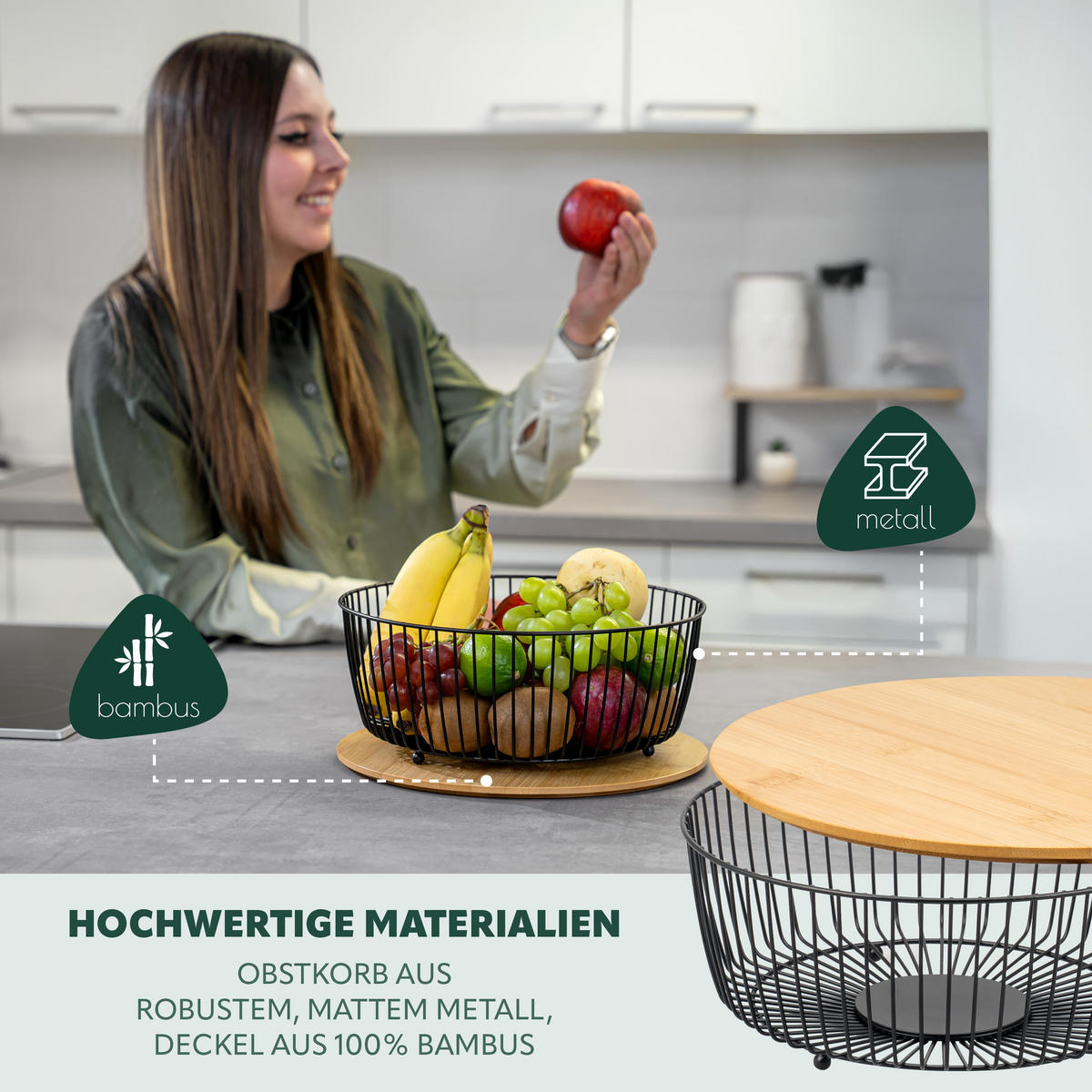 OBSTKORB mit Bambusdeckel, schwarz, rund - Schwarz, Metall (12.5cm) - eluno