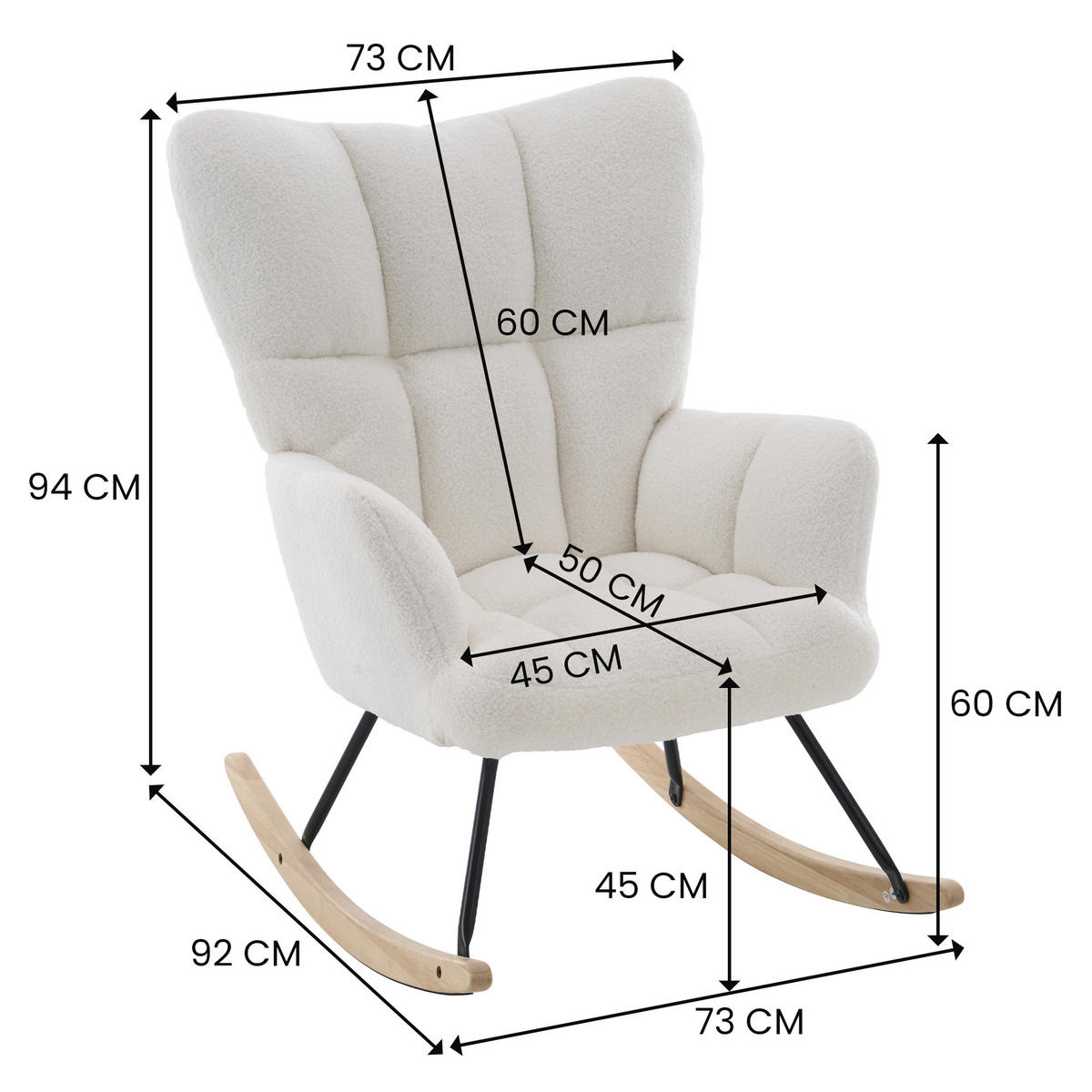 SCHAUKELSTUHL 73/92/94 cm Weiß mit Massivholzrahmen für Wohnzimmer Schlafzimmer Balkon - Weiß, Textil (92/94/73cm) - OKWISH