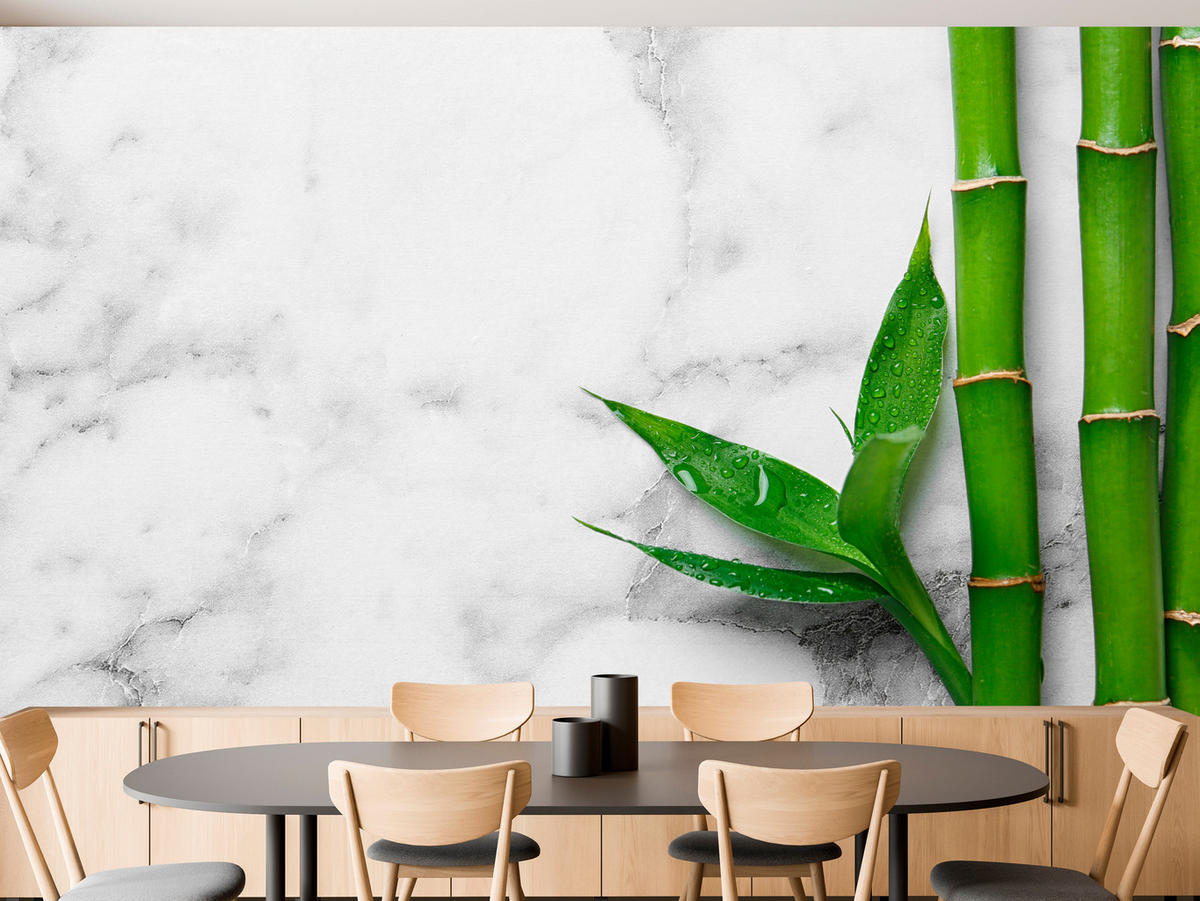 FOTOTAPETE für Küche Bambusblätter Grauer Marmor Exotisch Elegant 450x315 - Weiß/Grau, Papier (450/315cm) - Muralo