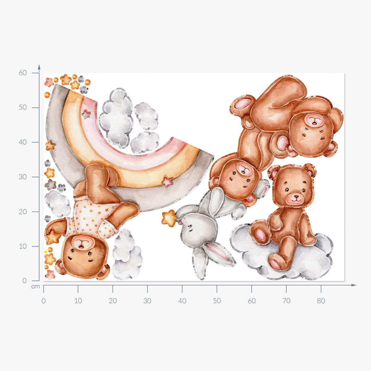 WANDAUFKLEBER 60x87cm - Teddybären und ein Kaninchen auf einem Regenbogen - Multicolor, Kunststoff (60/87/0.1cm) - Wallfluent