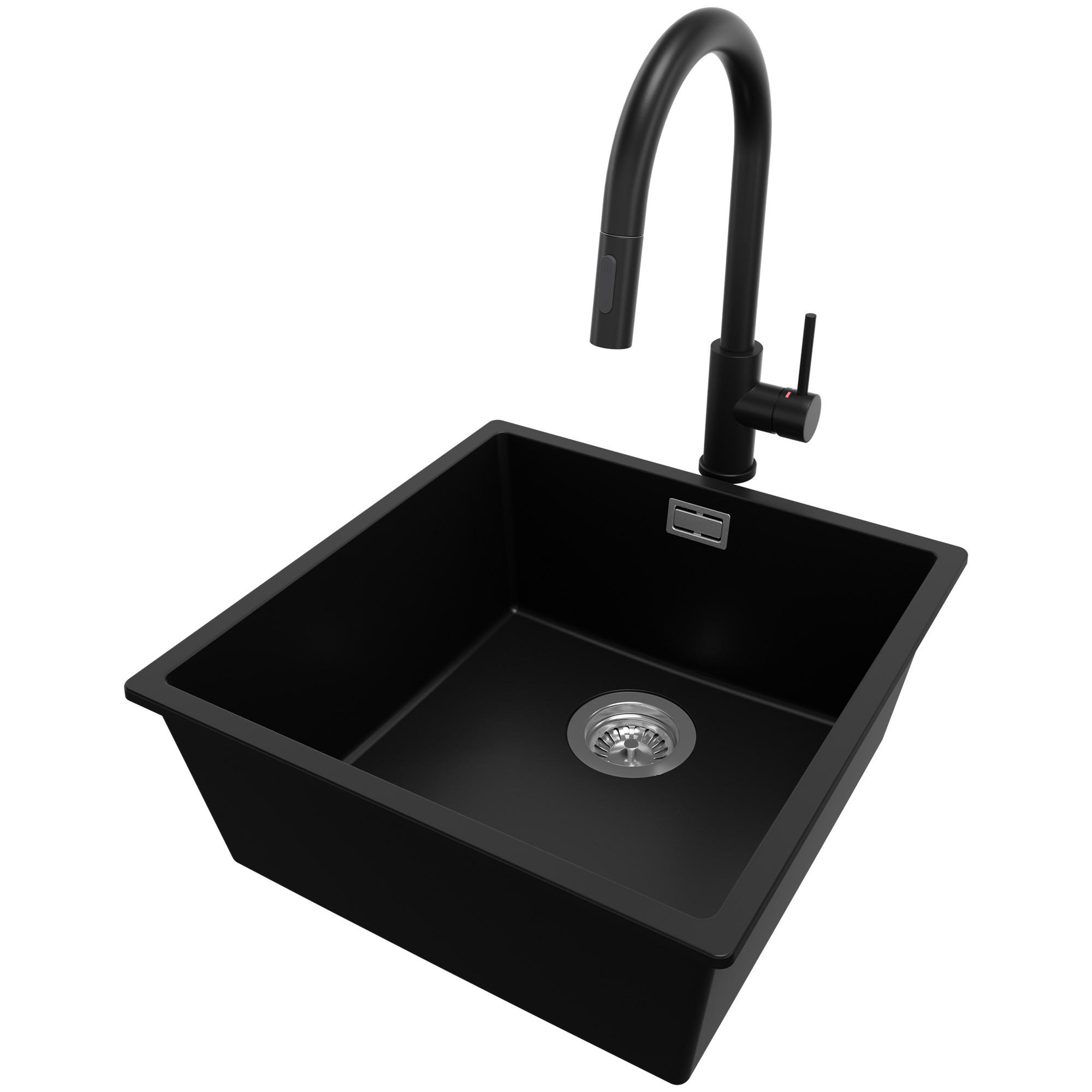 UNTERBAUSPÜLE GRANIT London, 2-er set Schwarz 46/47 cm 1 Becken + Küchenarmatur 40/20 cm + Ablauf-Set ab 50er Unterschrank - Chromfarben/Schwarz, Kunststoff (46/20/47cm) - Primagran