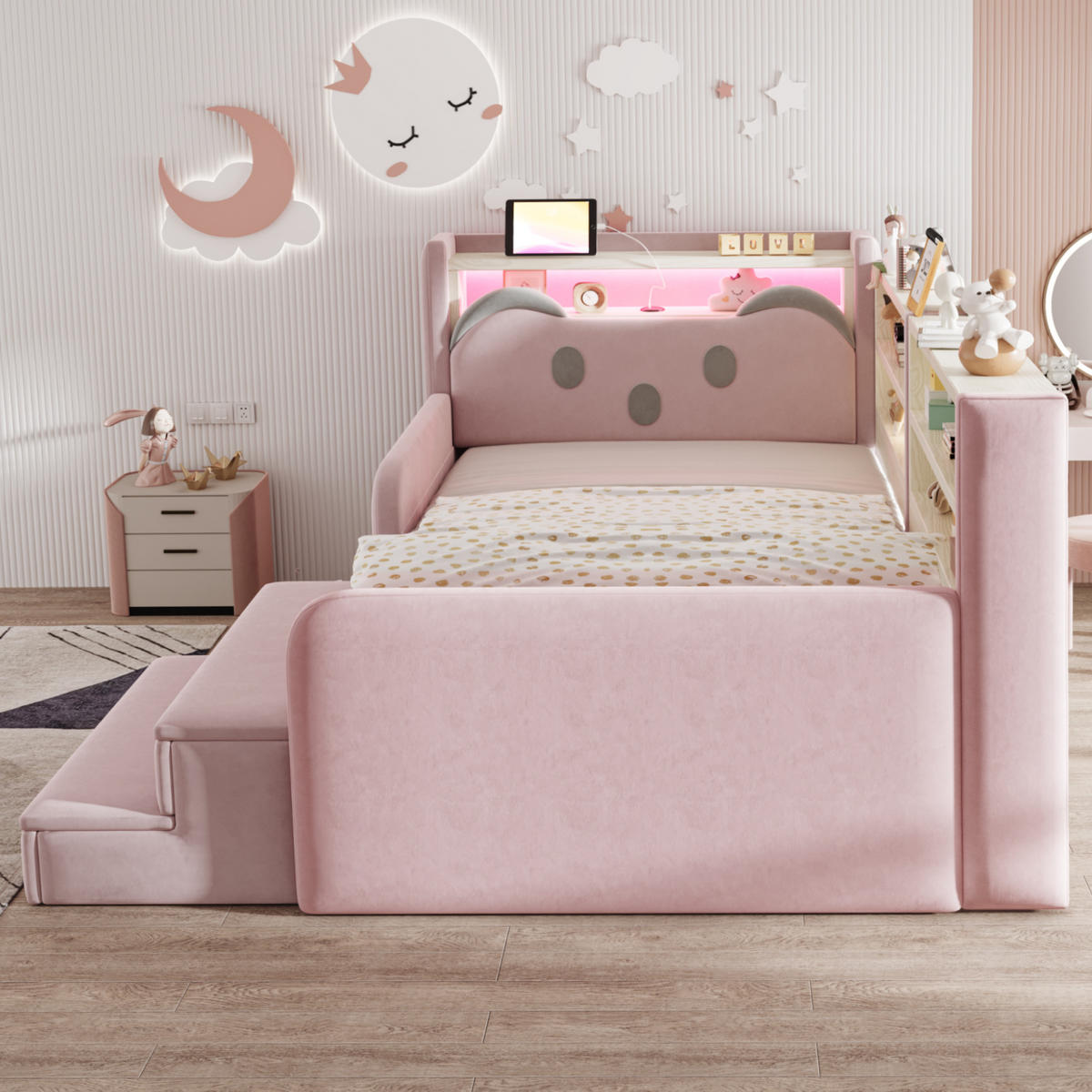 POLSTERBETT 90*200 cm mit LED, USB und Schublade, Rosa - Pink, Textil (90/200cm) - FLIEKS