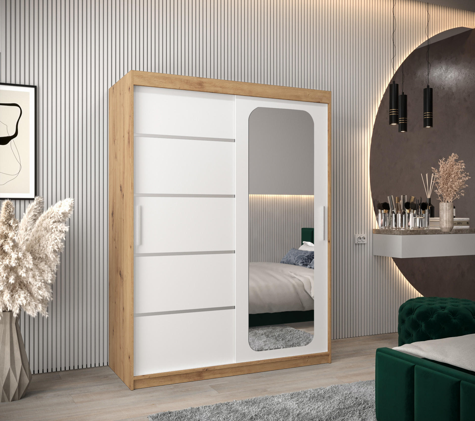 SCHWEBETÜRENSCHRANK 200/150/62 2-türig - Silberfarben/Eiche Artisan, Holz/Kunststoff (150/200/62cm) - Abiks Möbel