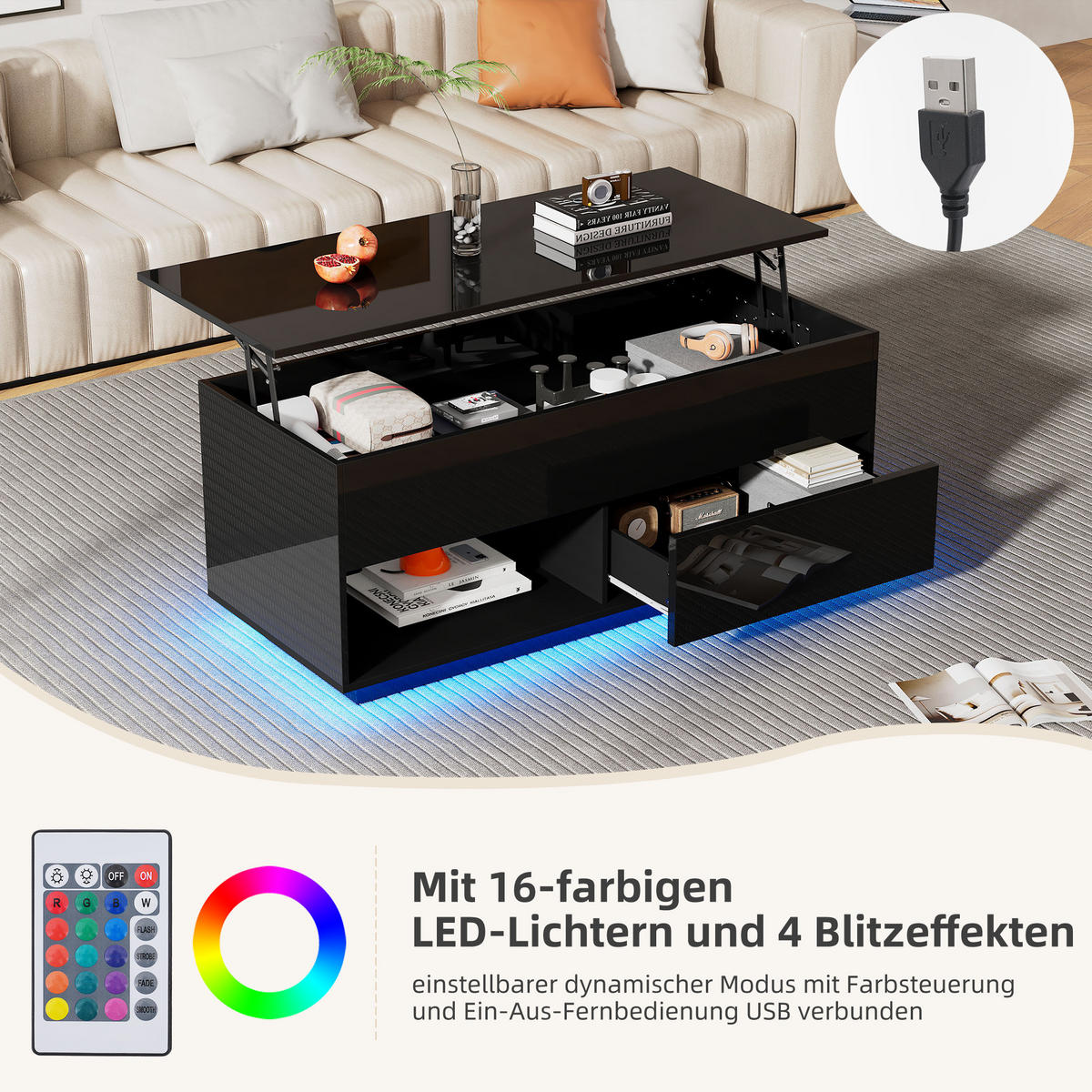 COUCHTISCH höhenverstellbar 100/50cm schwarz mit LED-Beleuchtung und Stauraum - Schwarz, Holzwerkstoff (100/50/70.5cm) - OKWISH