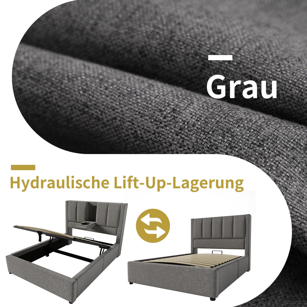 ČALÚNENÁ posteľ, 90/200 cm, sivá, ľanový poťah, s úložným priestorom a matracom - sivá, textil (90/200cm) - BEAOK