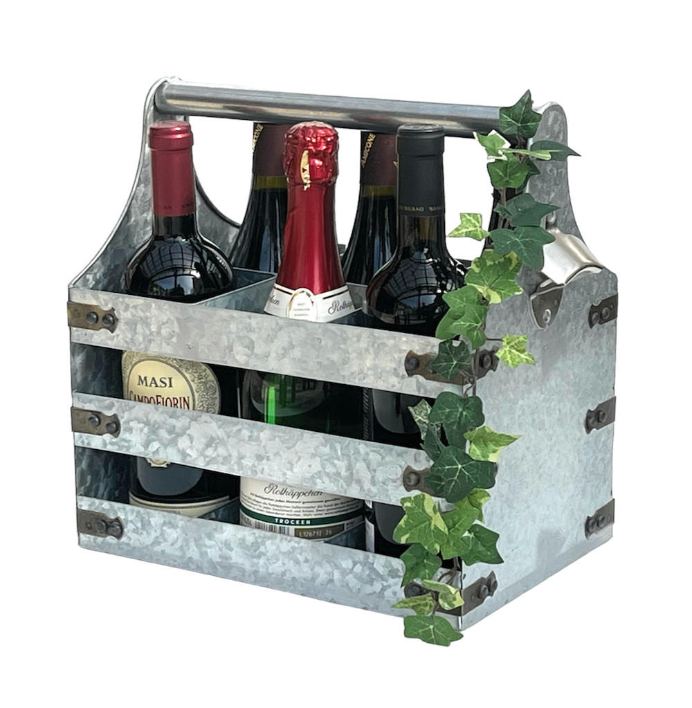 WEINTRÄGER Metall für 6 Flaschen mit Öffner 96403  - Silberfarben, Metall (33/33/20cm) - DanDiBo