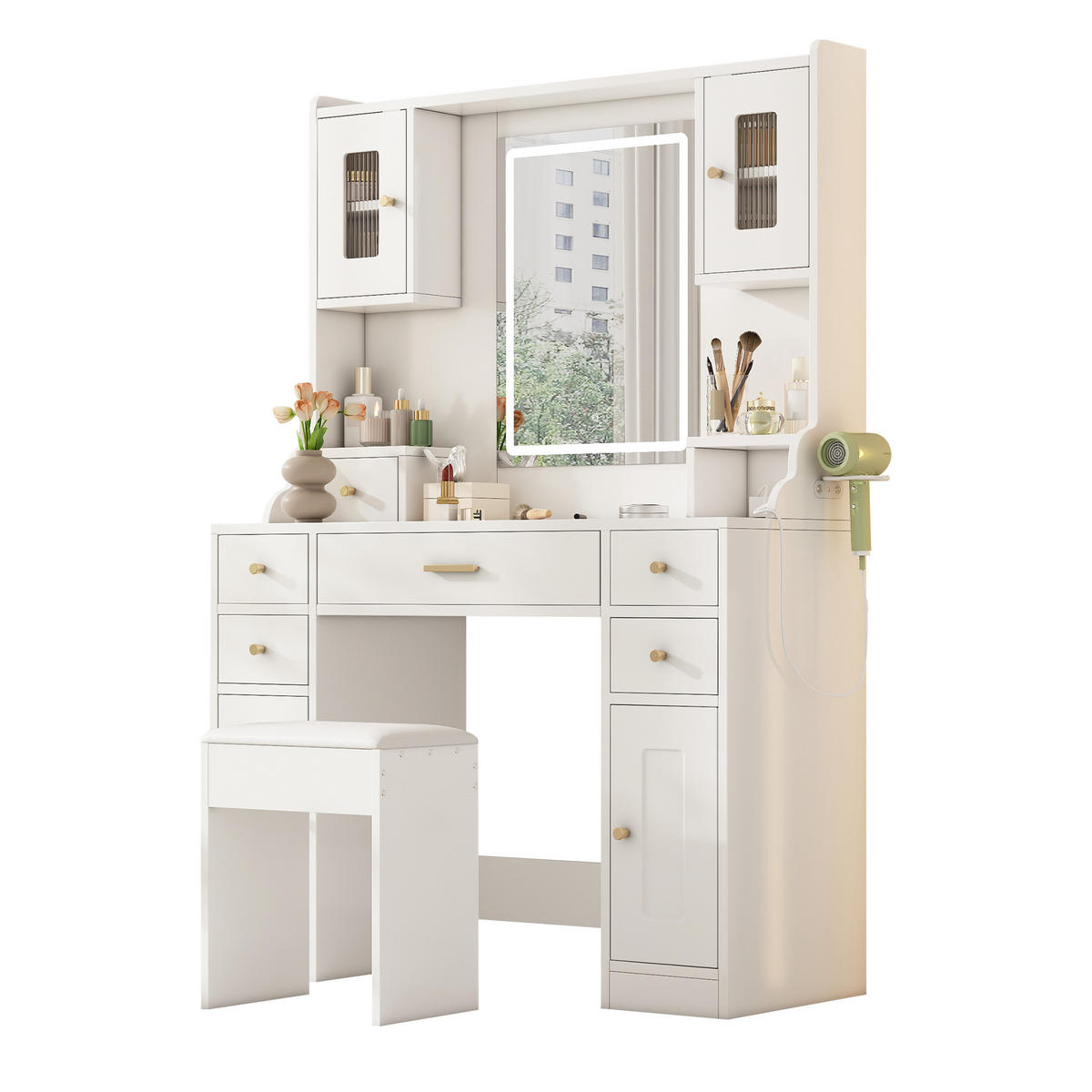 SCHMINKTISCH 105/40/152 cm Weiß aus Spanplatte mit LED-Spiegel - Weiß, Holzwerkstoff (40/152/105cm) - OKWISH