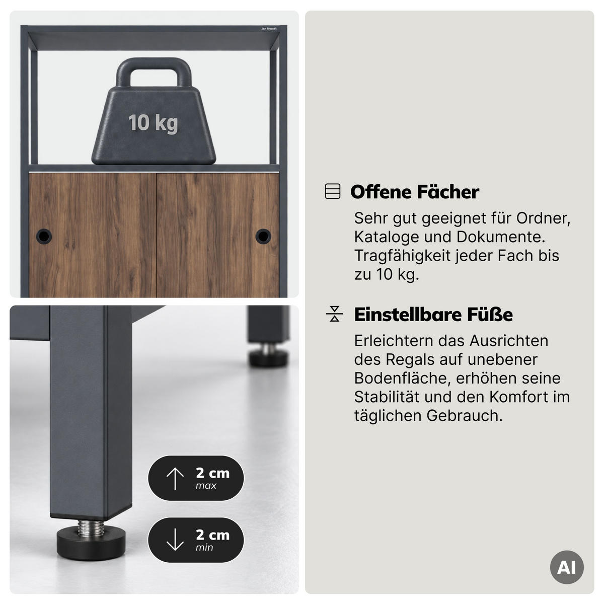 REGAL ARIEL 80 × 220 × 40 cm - Anthrazit/Nussbaumfarben, Metall (80/220/40cm) - Jan Nowak