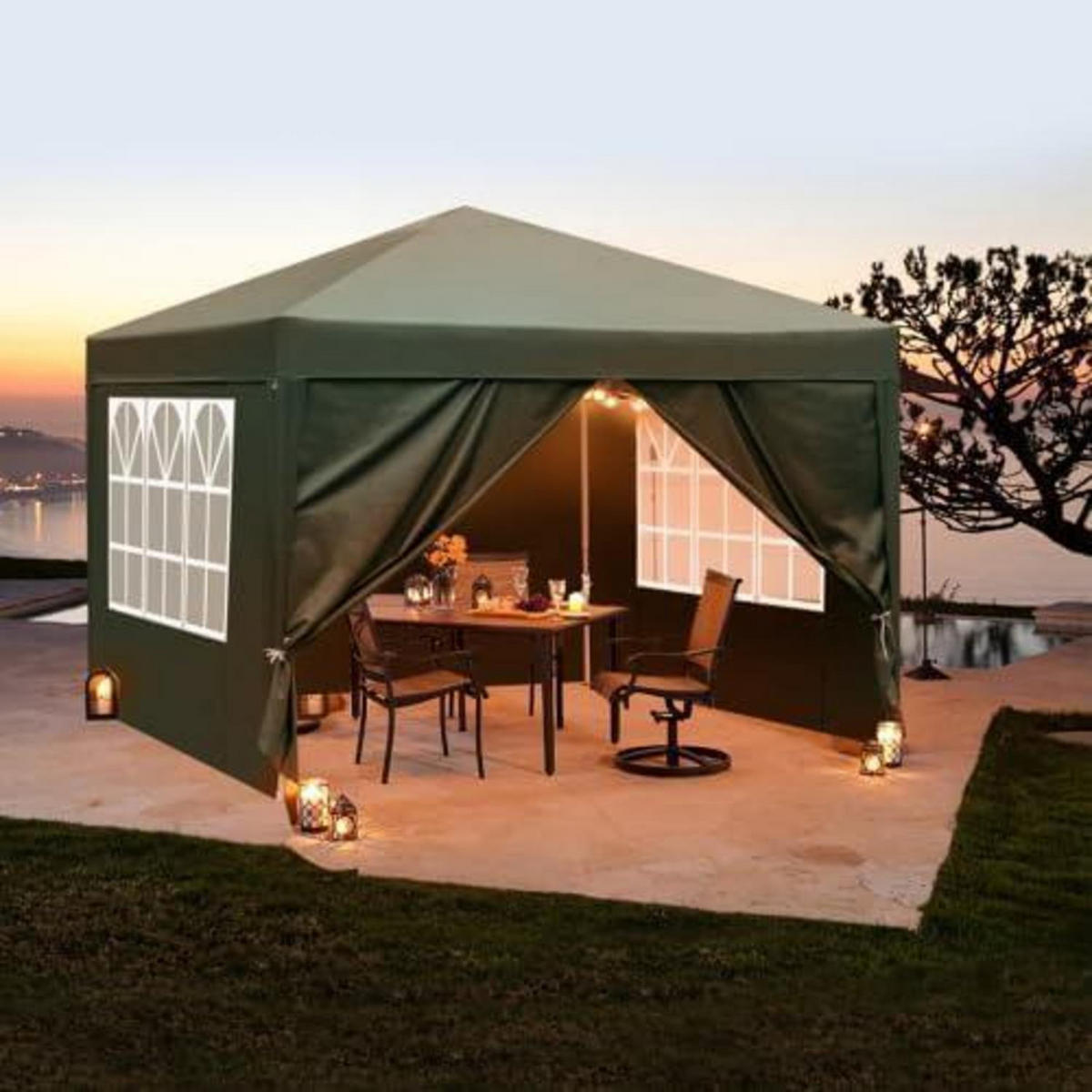 PAVILLON 3 x 3 m wasserdicht UV Schutz 50+ mit 4 Seitenteilen Grün - Grün, Textil (255/300/300cm)