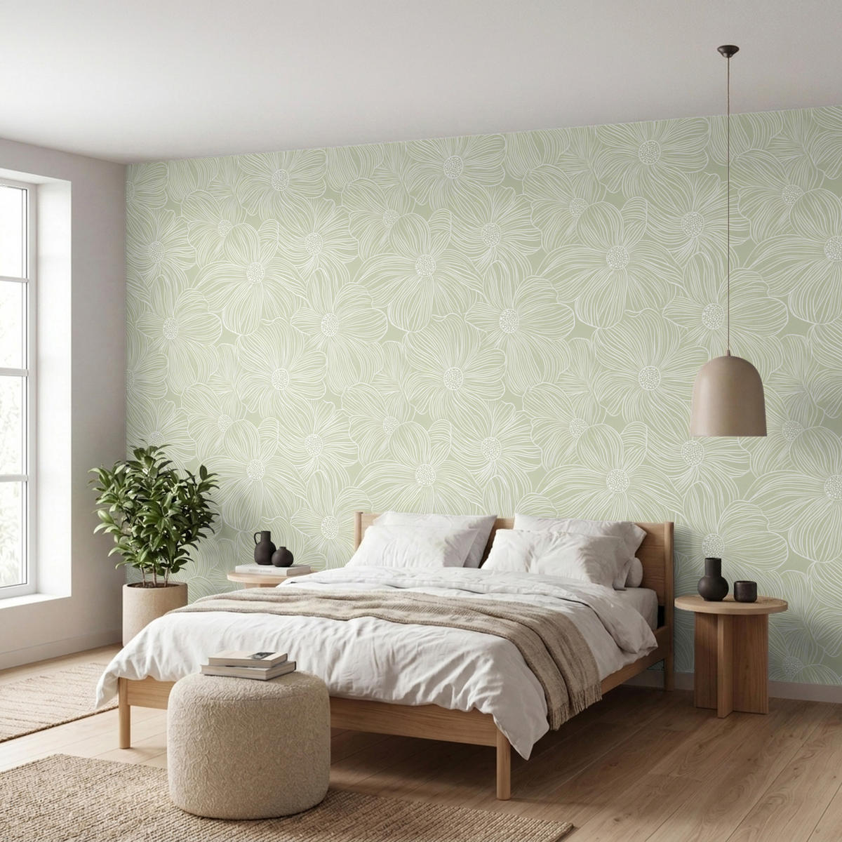 TAPETE - Gelassenheit - Blumen - Grün - 450x240 cm - Salbeigrün, Papier (450/240cm) - OnlyWow
