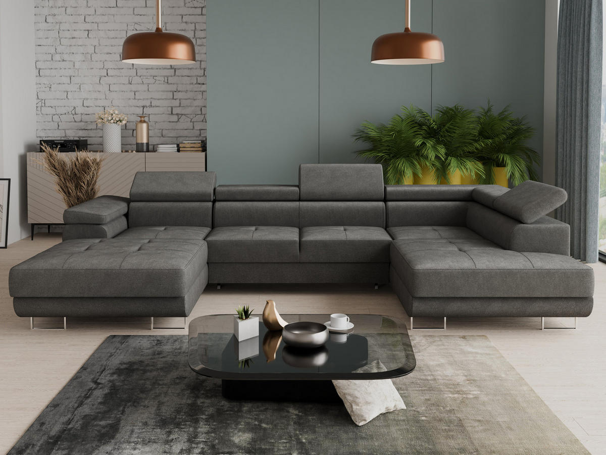 WOHNLANDSCHAFT Caris U, Seite: Links - Grau, Holz/Textil (348/90/205cm) - Sofnet