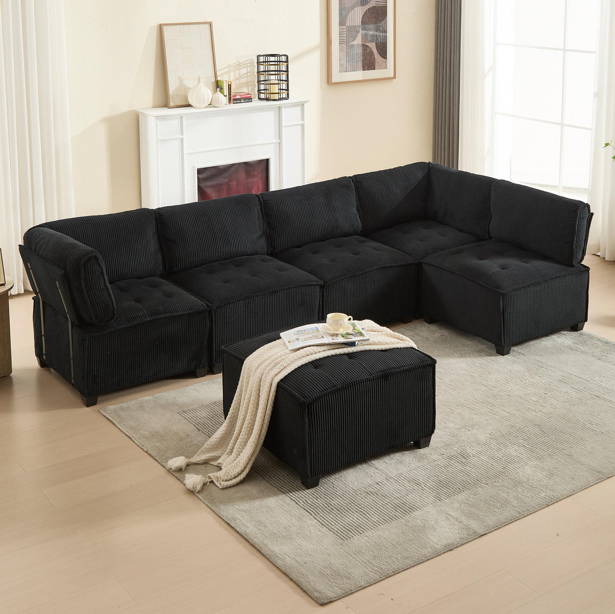 WOHNLANDSCHAFT 308/154/82 cm in Schwarz aus Cord, modular und als SchlafWohnlandschaft nutzbar - Schwarz, Textil (154/82/308cm) - Flora Grace