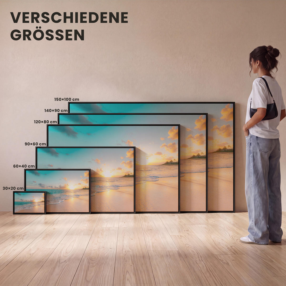 LEINWAND Bilder mit Rahmen - Sonnenuntergang - Strand - Meer - Sommer - Blau - 140x90 - Multicolor, Textil (140/90cm) - MuchoWow