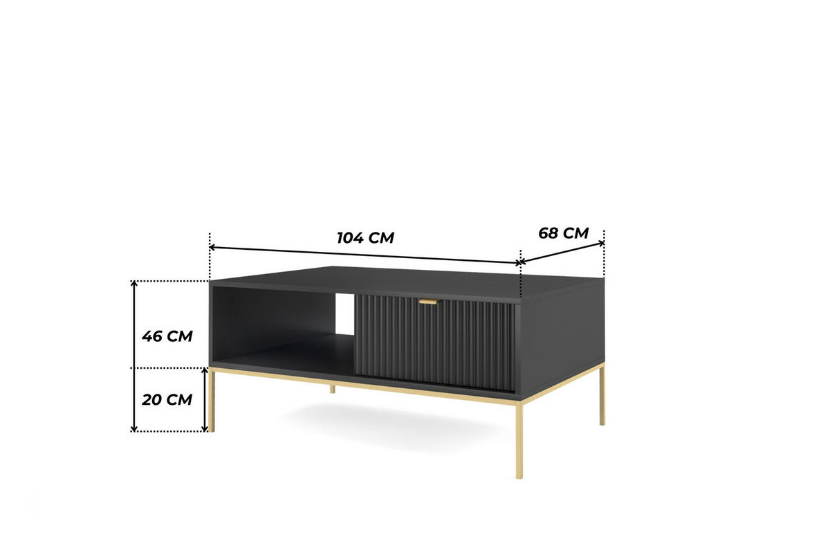 SCHWARZER Moderner Geriffelter Couchtisch KIOTO Ł2SZ (Gold Gestell, Vollauszug) - Goldfarben/Schwarz, Holz/Holzwerkstoff (68/104/46cm) - Ravio