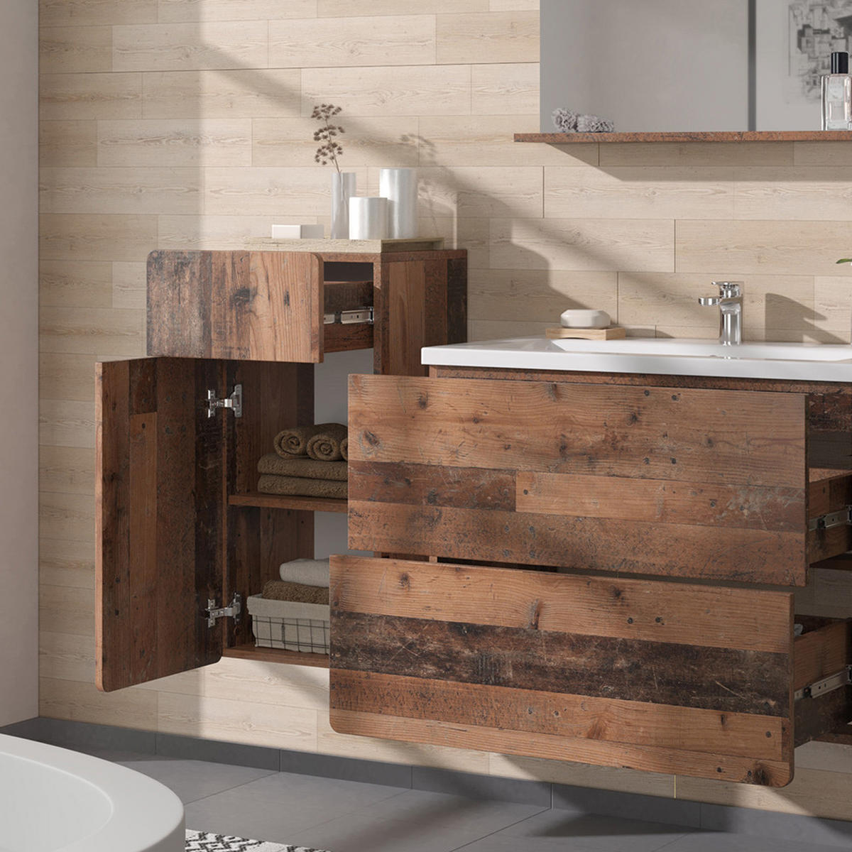 MIDISCHRANK Izan Oldstyle 36.6 x 76.6 cm mit Schublade und Tür - Braun, Holzwerkstoff (36.6/76.6/32.8cm) - Vicco