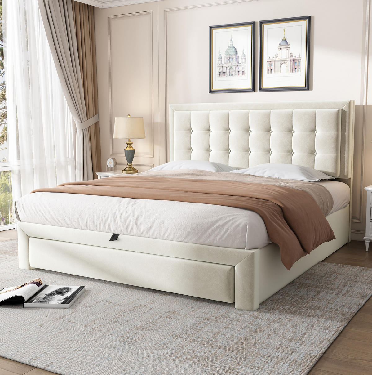 POLSTERBETT 140/200 cm mit verstellbarem Kopfteil, hydraulischem Stauraum und 2 Schubladen, Samt Beige - Beige, Textil (140/200cm) - Redom