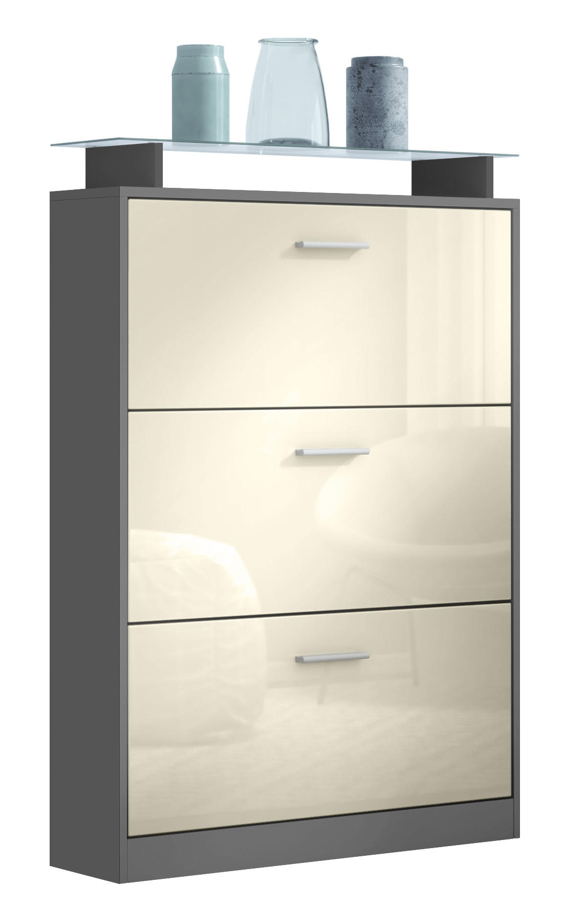 SCHUHSCHRANK Lavia Front in Creme Hochglanz - Creme, Holzwerkstoff (89/128/23cm) - Vladon