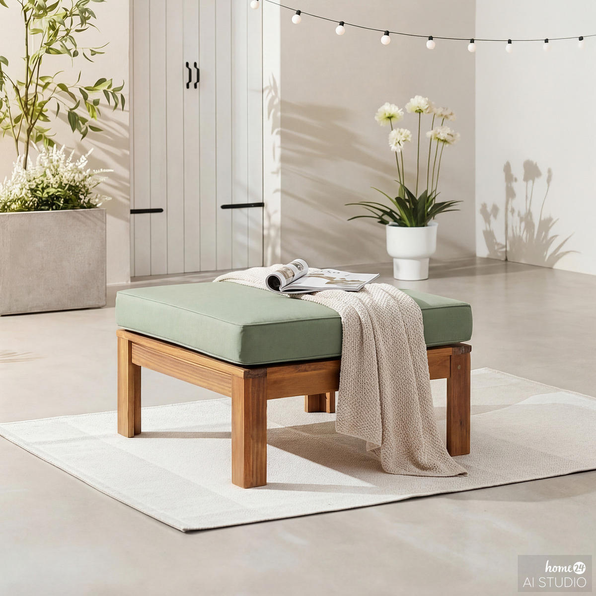LOUNGEHOCKER - Webstoff / Akazie massiv - Olivgrün, Holz/Textil (60/38/60cm) - home24
