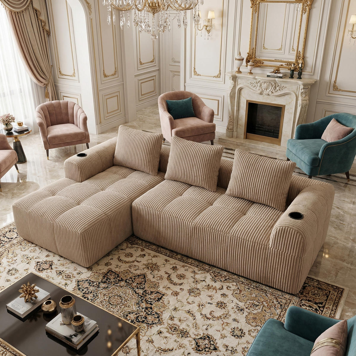 ECKSOFA 3-Sitzer mit Getränkehalter, Seitentaschen & 3 Kissen - Taupe, Textil (253/158cm) - Urban Meuble