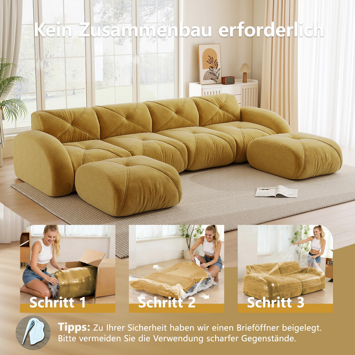 WOHNLANDSCHAFT 4-Sitzer Chenille Gelb mit 2 Hocker - Gelb, Textil (358/76/171cm) - WISHDOR