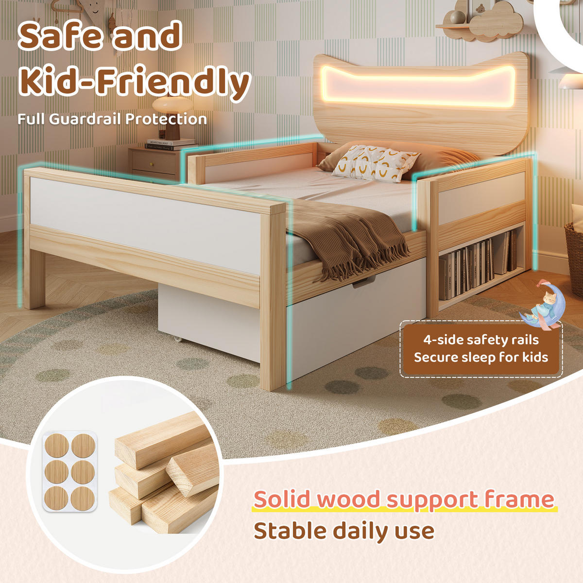 KINDERBETT 140/200 cm in Weiß & Eiche mit Schublade, Staufach und LED Massivholz Design - Naturfarben/Weiß, Holzwerkstoff (140/200cm) - STILVORA