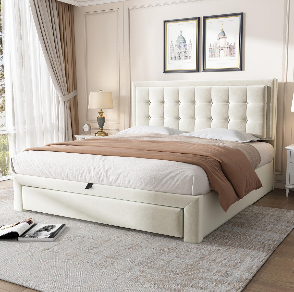 ČALOUNĚNÁ postel 140/200 cm béžová ze sametu s úložným prostorem a 2 zásuvkami - béžová, textil (140/200cm) - OKWISH