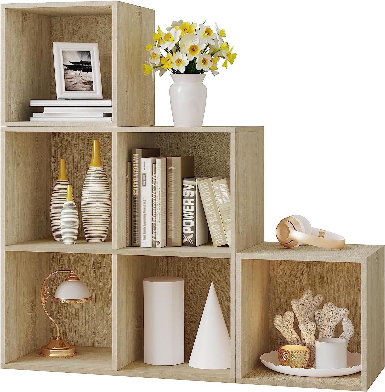 REGAL Bücherregal mit 6 Fächern, Stufenregal, 90x90x30 cm, Helle Eiche - Eichefarben, Holzwerkstoff (90/90/30cm) - Woltu