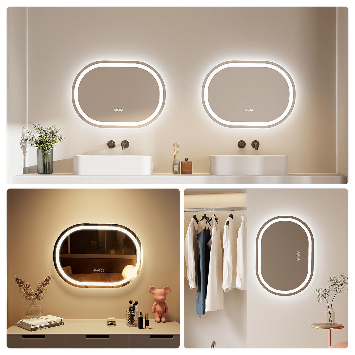 BADSPIEGEL mit Beleuchtung in Laufbahnform 70/50 cm - Weiß, Glas (50/2.5/70cm) - EMKE