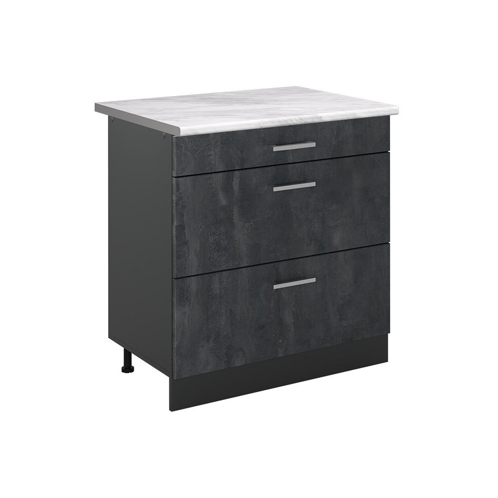 KÜCHENUNTERSCHRANK R-Line, Schwarz Beton/Anthrazit, 80 cm mit 3 Schubladen Arbeitsplatte Marmor - Anthrazit/Schwarz, Holzwerkstoff (80/81.6/60cm) - Vicco
