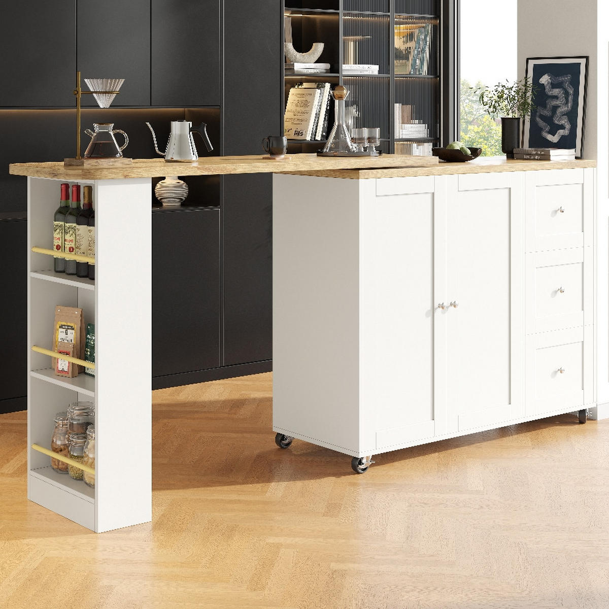KÜCHENINSEL Stehtisch DREHBAR, Kücheninsel mit Rollen, 3 Schubladen, MDF Weiß, Küche und Wohnzimmer, 203/39/104 cm - Weiß, Kunststoff (39/106/203cm) - Rolipo