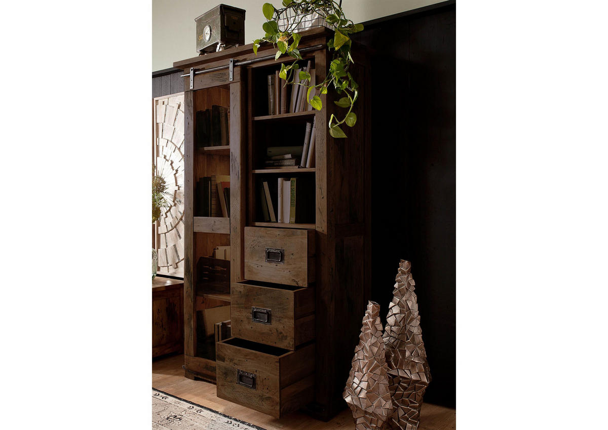 VITRINE Mango 100x45x175 braun lackiert RAILWAY #426 - Braun, Holz (100/175/45cm) - Massivmoebel24