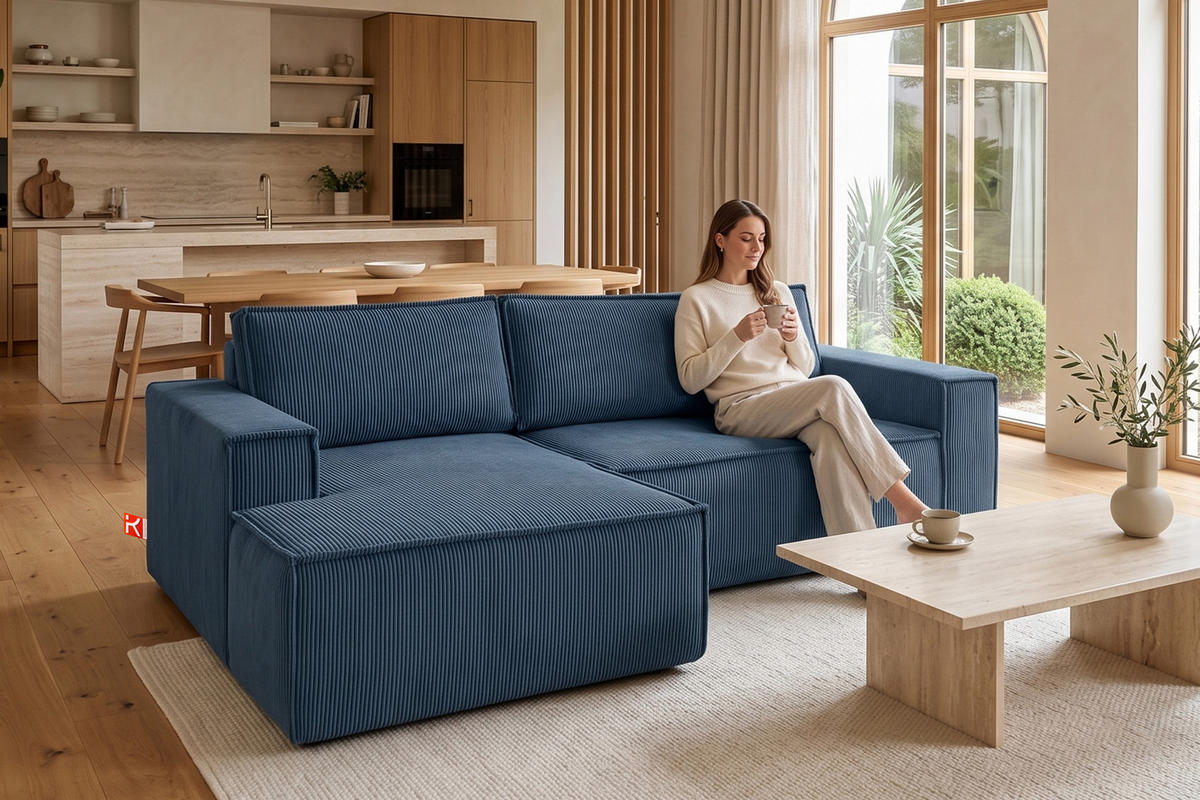ECKSCHLAFSOFA-LINKS NAPI in Pet Friendly Cord-Stoff, marineblau - Blau/Schwarz, Textil (262/148cm) - KONSIMO®