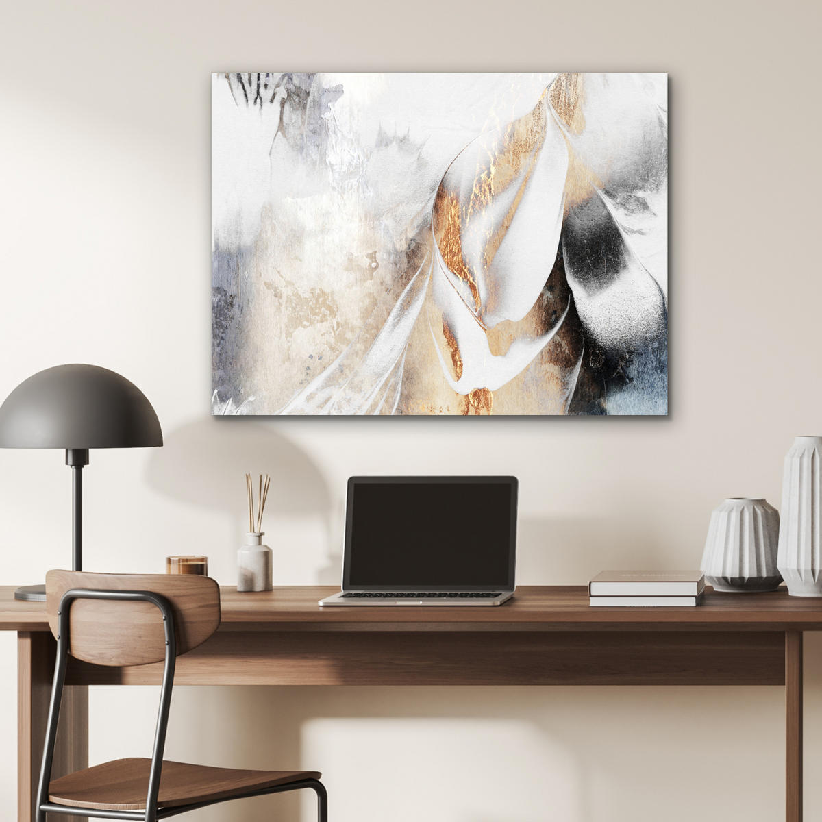 KOVOVÝ OBRAZ Luxusné - abstraktné - zlaté - biele 80x60 cm - zlatá, kov (80/60cm) - MuchoWow