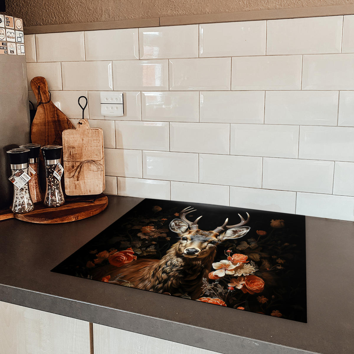 HERDABDECKPLATTE Hirsch - Tier - Blumen - Natur - Botanisch 57x51 cm - Kupferfarben, Kunststoff (57.6/51.6/0.2cm) - MuchoWow