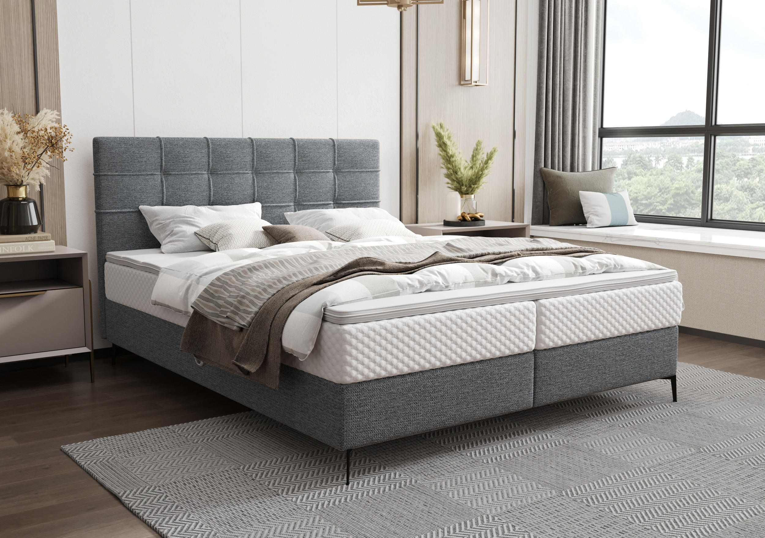 BOXBETT INAO 180x200 mit Matratze H3, Bonell und Topper ARAGON 93 - Dunkelgrau, Textil (180/200cm) - Bedante