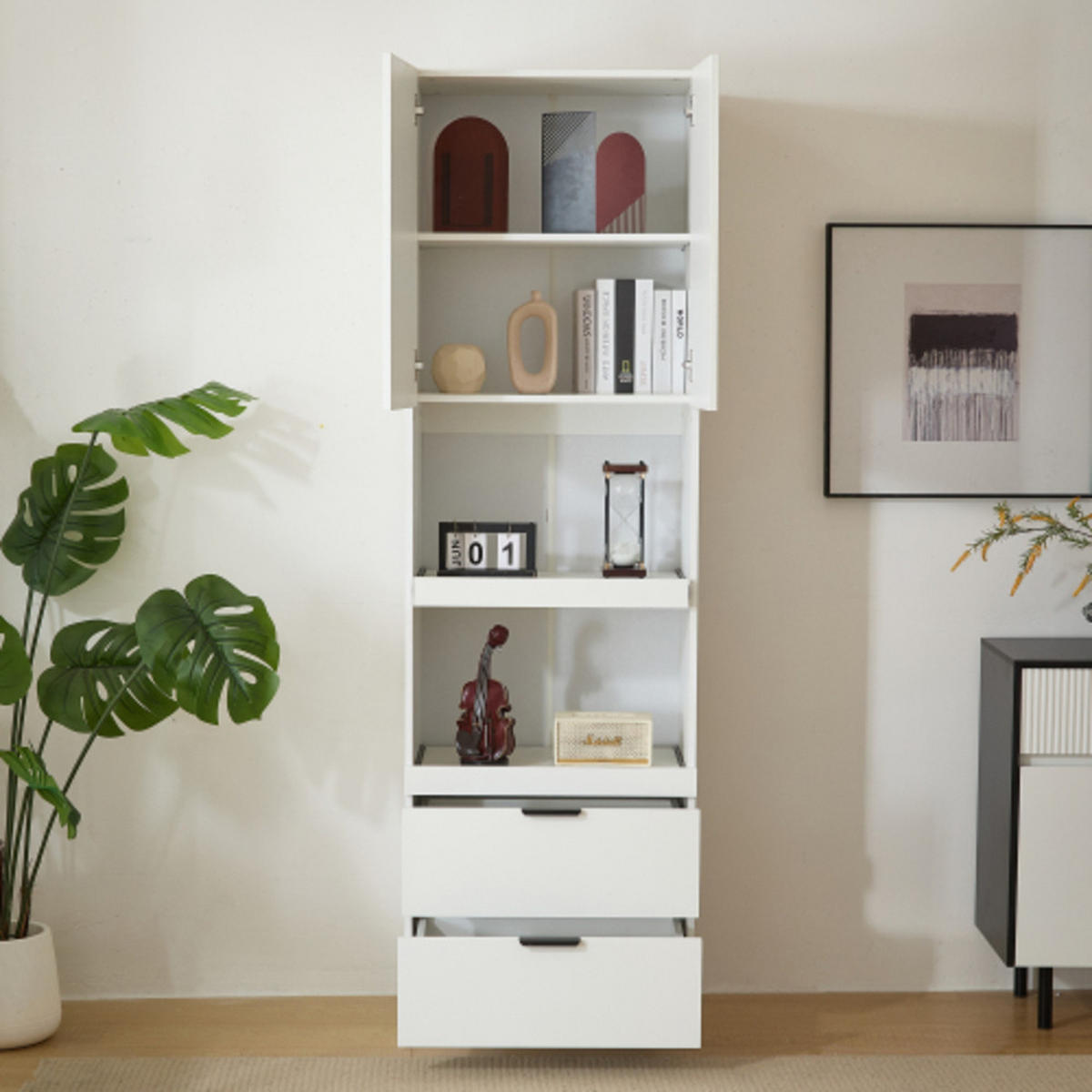 KÜCHENHOCHSCHRANK weiß aus Spanplatte und MDF mit Flügeltür & Schubladen 59,5 × 45 × 200 cm - Weiß, Holzwerkstoff (59.5/200/45cm) - Luhomfu