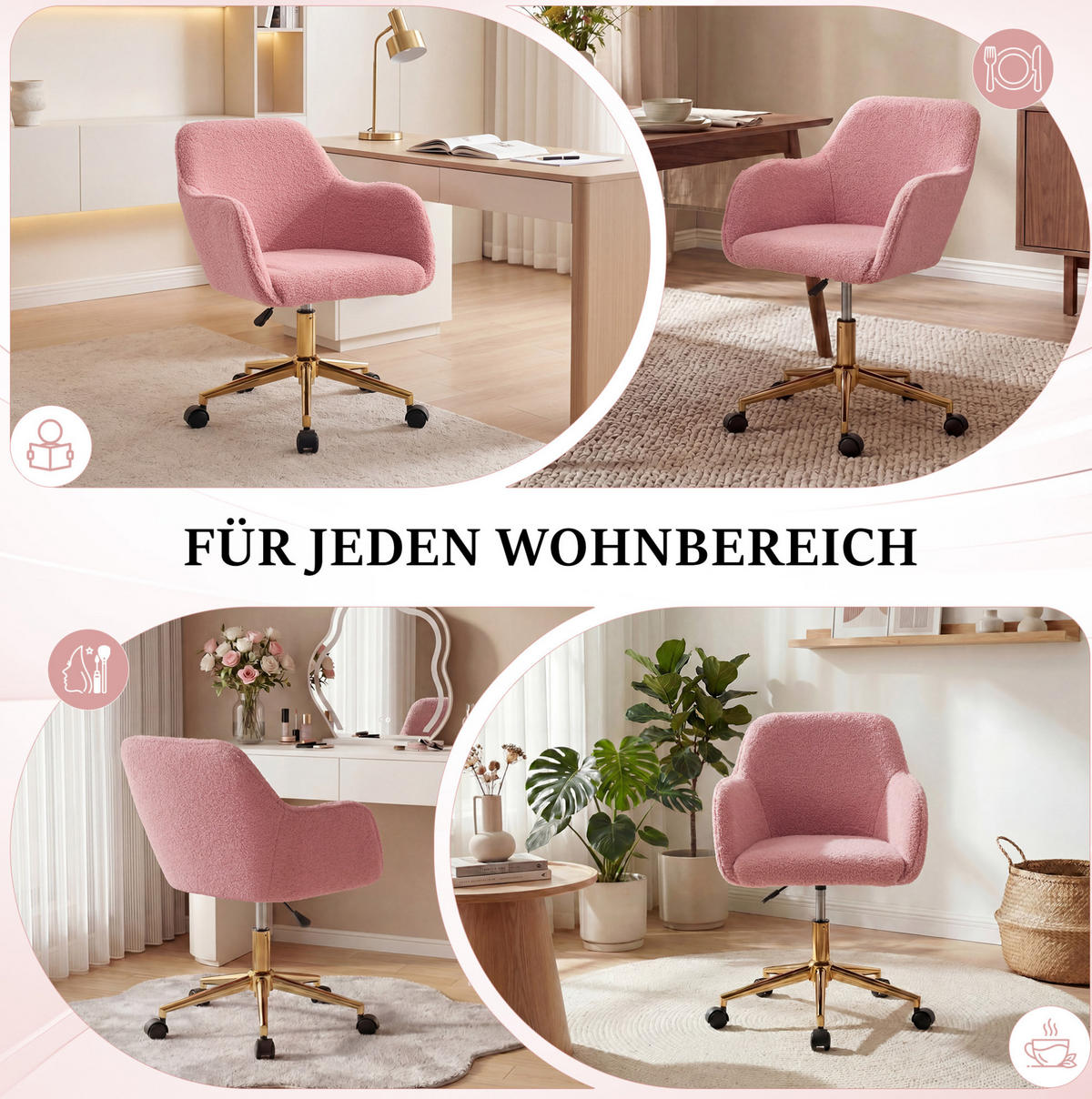 DREHSTUHL 58/58/86 cm pink aus Lammfell-Optik mit 360° Drehung - Pink, Textil (58/86/58cm) - OKWISH