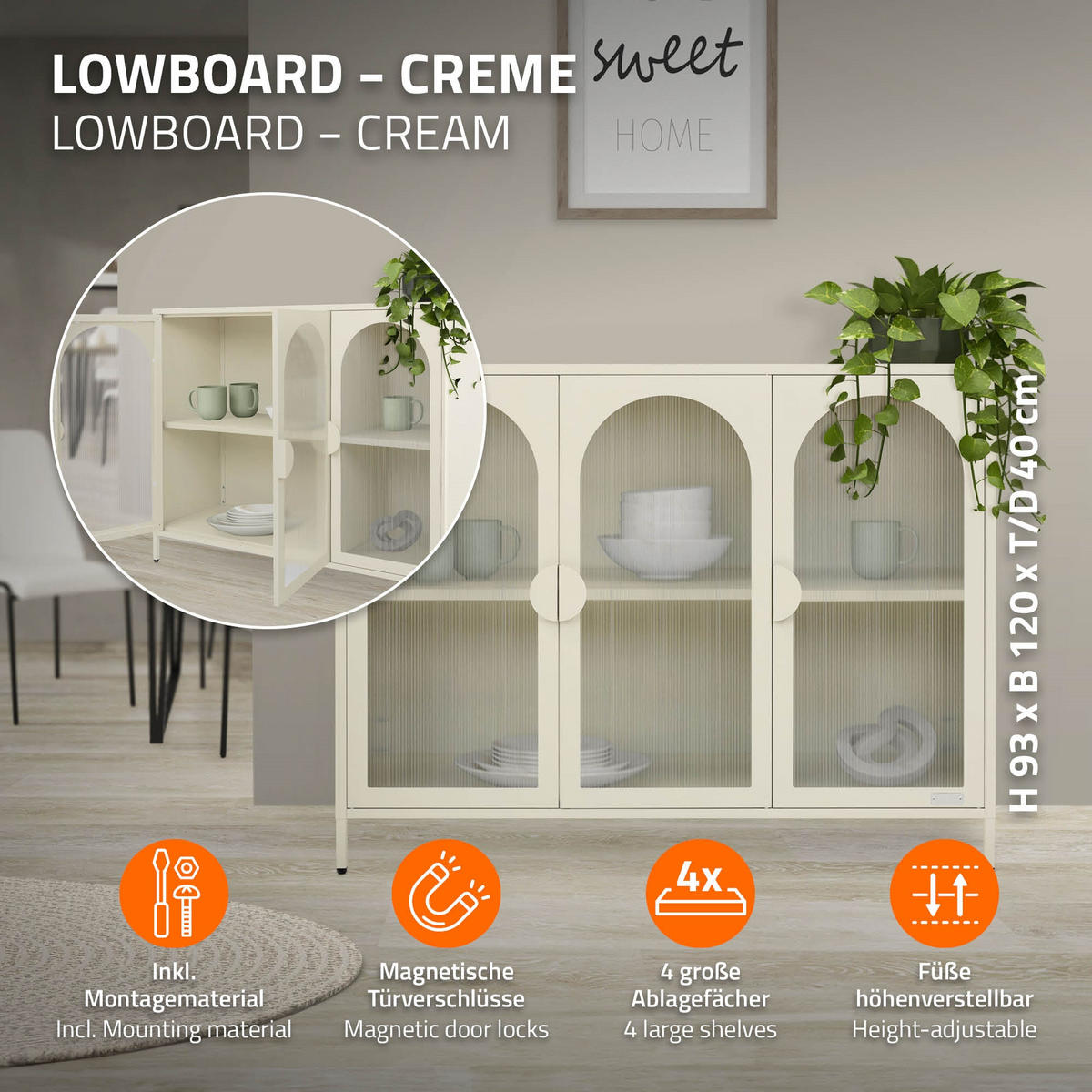 VITRINENSCHRANK aus Stahl 120x93x40 cm Creme mit 3 Türen - Creme, Metall (120/93/40cm) - ML-DESIGN